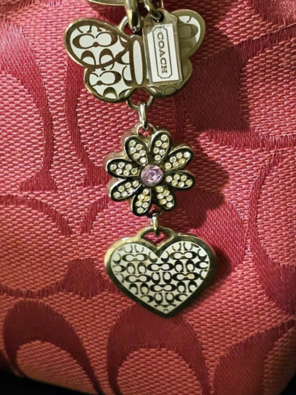 Coach Charm Keychain Vintage Y2K in Silver & Pink. Butterfly Heart Flowers